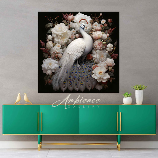 Royal White Peacock with Flowers